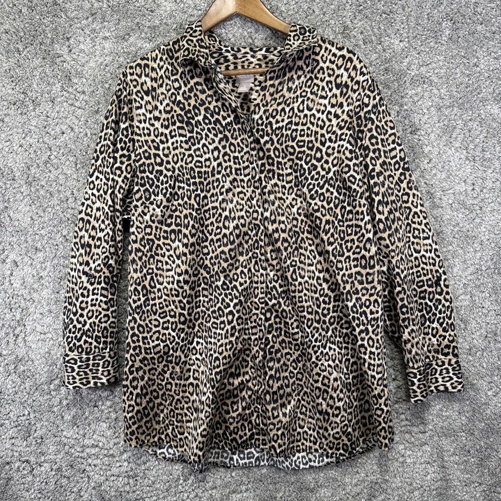 Chicos Button Up  Leopard Print Blouse Top Size 3 (XL) Roll Tab Sleeve Collared